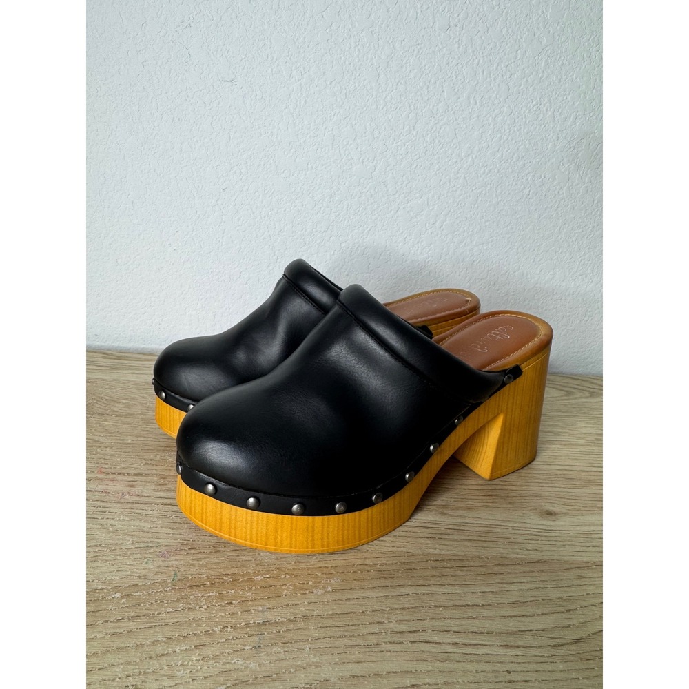 Altar'd State Rachele Black Studded Platform Clogs Faux Wood Block Heel Size 10
